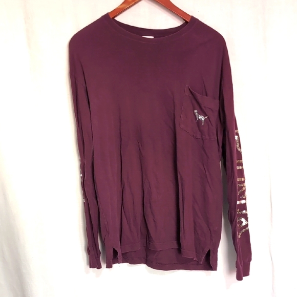 PINK Victoria's Secret Tops - Victoria's Secret PINK Burgundy Cotton Long Sleeve Sequin Tee Size large